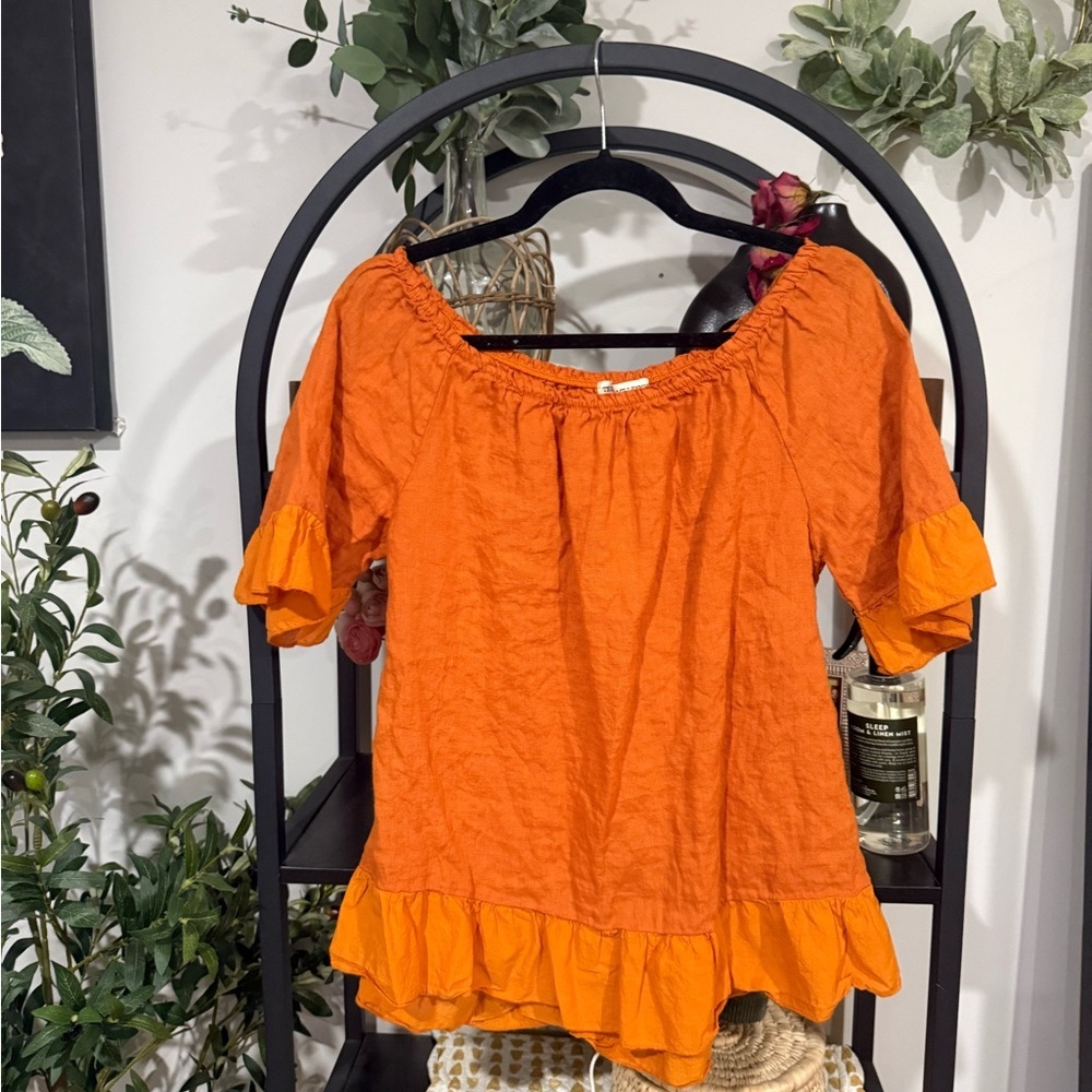 Terzo Millennio Italian Linen Off Shoulder Ruffle Top Orange Medium